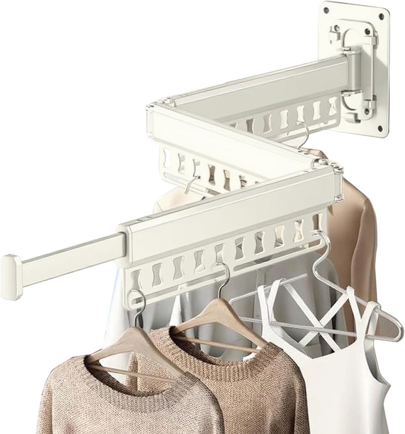 HGZBS Clothes Drying Rack Wall-Mounted, 3-Fold Retractable Clothes Hanger with Windproof Holes & Detachable Design, Sturdy Foldable Laundry Rack for Balcony, Bathroom Use (Cream White) - Image 1